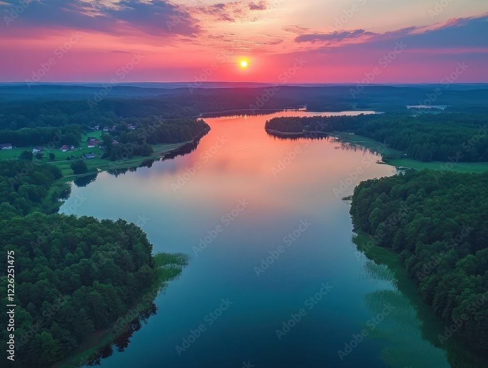 Fototapeta premium Aerial View of Tranquil Lake at Sunset Vibrant Sky Reflections Peaceful Village Lush Forests Poland