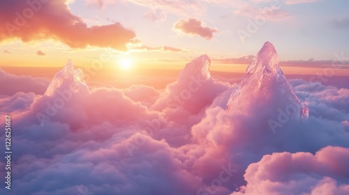 surreal floating islands with crystalline ice formations rising through cotton candy clouds at golden hour fantasy atmosphere photo