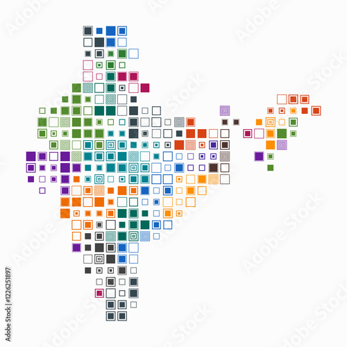 India, shape of the country built of colored cells. Digital style map of India on white background. Large size square blocks. Artistic vector illustration.