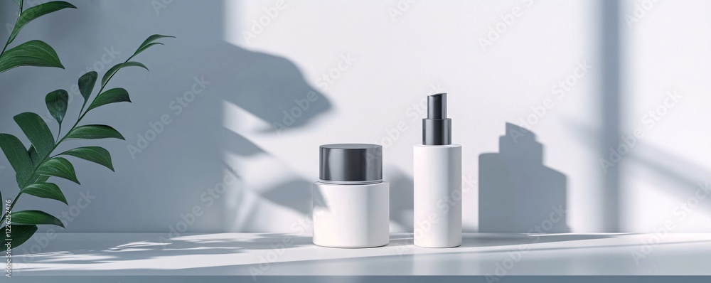 Two cosmetic bottles standing on a white surface with a plant casting shadows on the wall Two cosmetic bottles standing on a white surface with a plant casting shadows on the wall