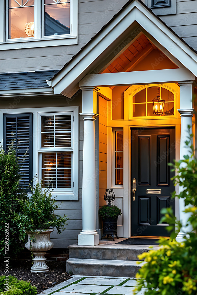 Obraz premium Elegant Home Exterior at Night: A captivating view of a house's entrance, illuminated beautifully at dusk. The architectural details and landscaping create a welcoming atmosphere.