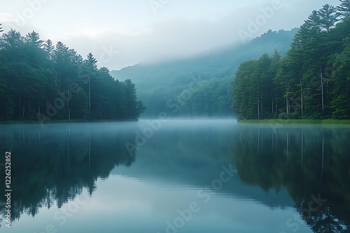 Fototapeta Naklejka Na Ścianę i Meble -  Serene lake mirroring misty green mountains and trees