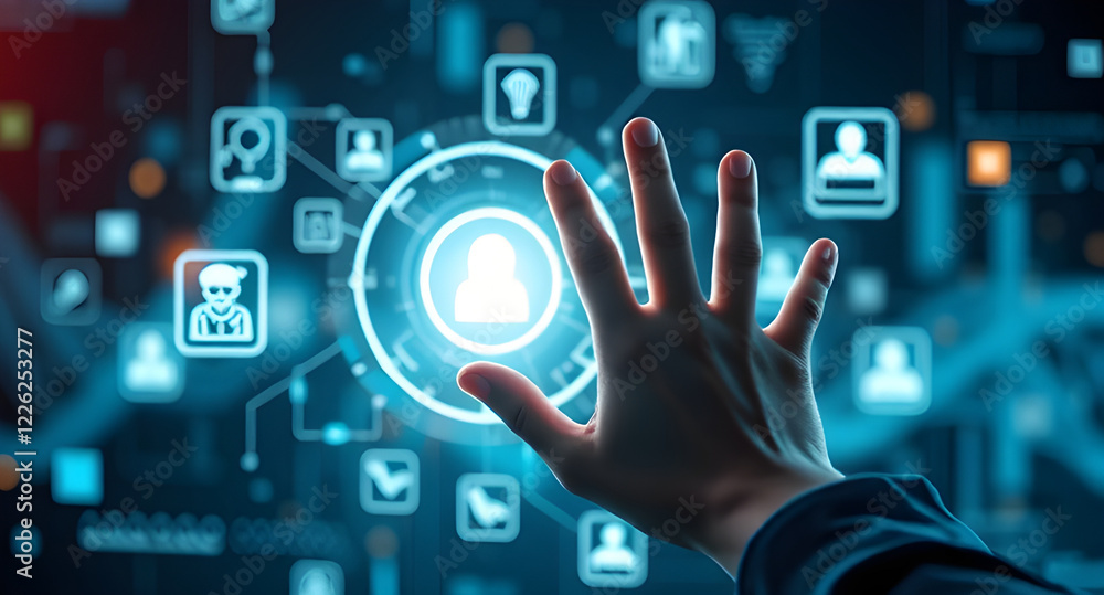 Futuristic Digital Interface with Holographic Icons and Interactive Hand Futuristic Digital Interface with Holographic Icons and Interactive Hand