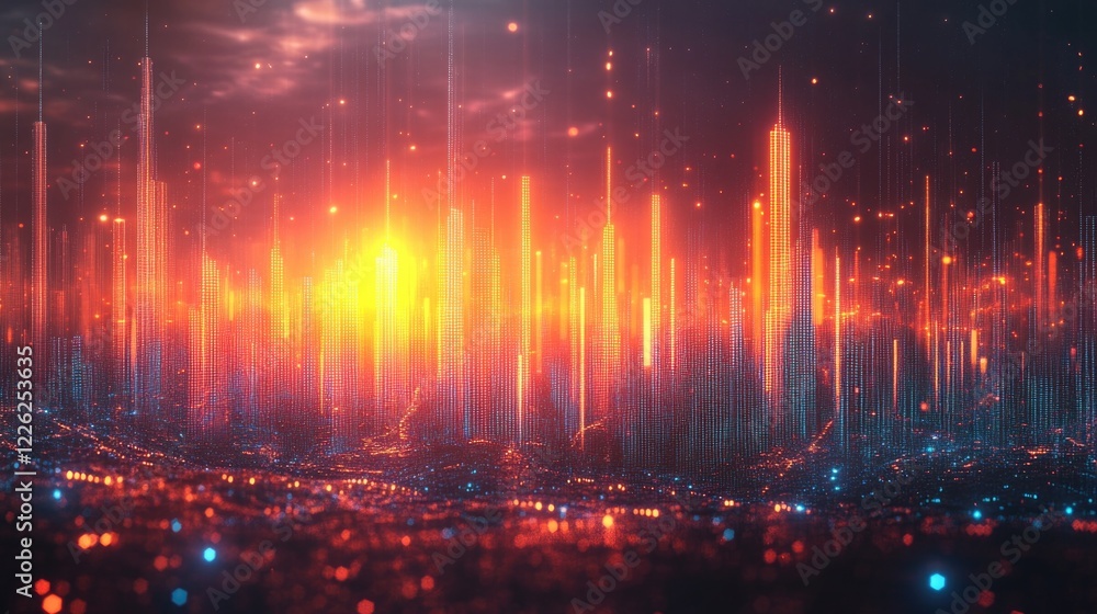 Futuristic cityscape with neon skyline and glowing orange sunlight Futuristic cityscape with neon skyline and glowing orange sunlight