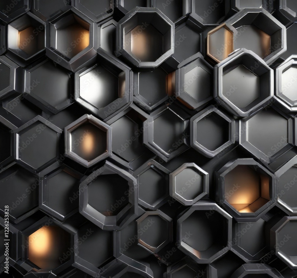 Geometric arrangement of interlocking hexagons in dark gray and silver metallic colors with warm light effects, metallic design, modern architecture, interlocking hexagons Geometric arrangement of interlocking hexagons in dark gray and silver metallic colors with warm light effects, metallic design, modern architecture, interlocking hexagons