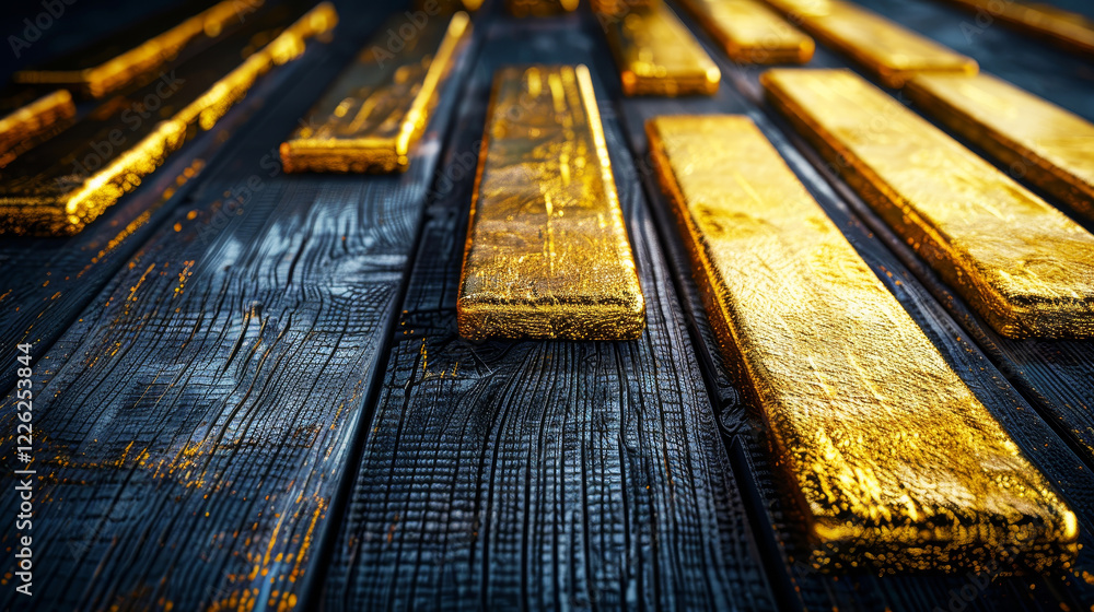 Obraz premium Golden Bars On Dark Wooden Background, Luxury Concept With Copy Space, High Resolution