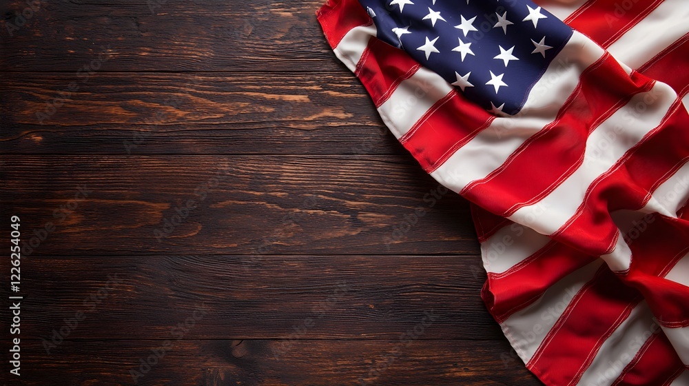 Obraz premium American Flag Draped on Rustic Wooden Table Background