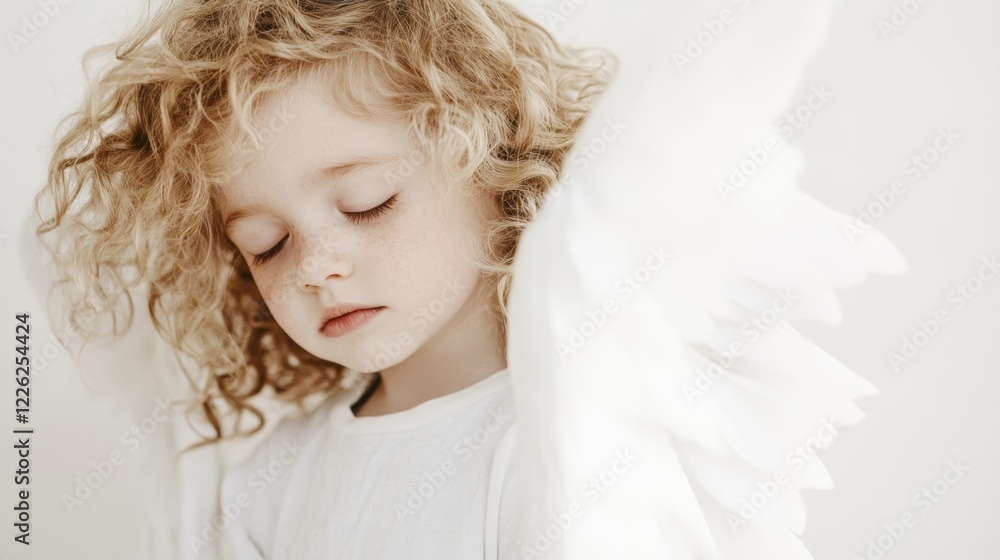 Little child with curly hair in angel wings standing peacefully in a soft light setting, capturing innocence and purity Little child with curly hair in angel wings standing peacefully in a soft light setting, capturing innocence and purity