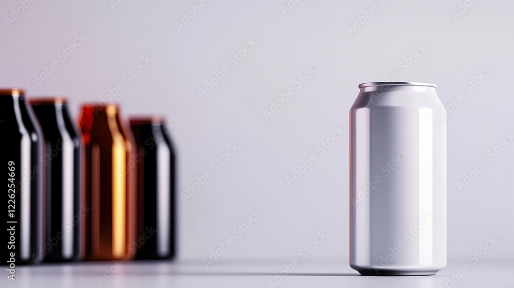 Fototapeta premium Sleek White Can Stands Out Against Colorful Aluminum Beverage Cans