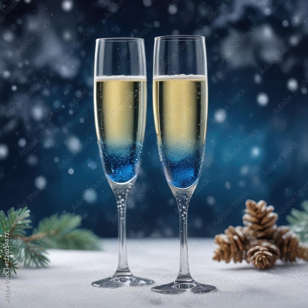 Glass champagne flute on a snowy and icy dark blue magical winter background, magical, luxury glassware Glass champagne flute on a snowy and icy dark blue magical winter background, magical, luxury glassware