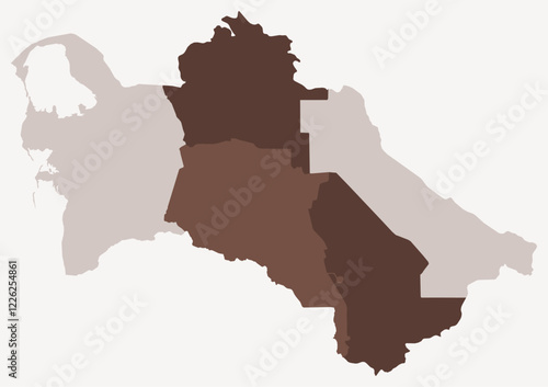 Map of Turkmenistan with regions. Just a simple country border map with region division. Brown color palette. Blank Turkmenistan shape with administrative division. Vector illustration.