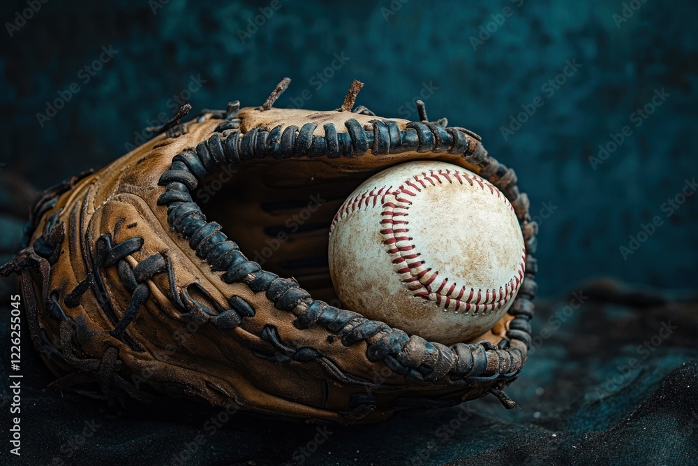 Old Baseball Glove with Ball Close Up in Moody Dark Still Life Photography Old Baseball Glove with Ball Close Up in Moody Dark Still Life Photography