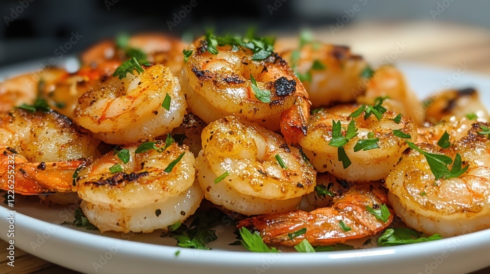 Close-up of grilled shrimp on a white plate, garnished with fresh parsley. Close-up of grilled shrimp on a white plate, garnished with fresh parsley.