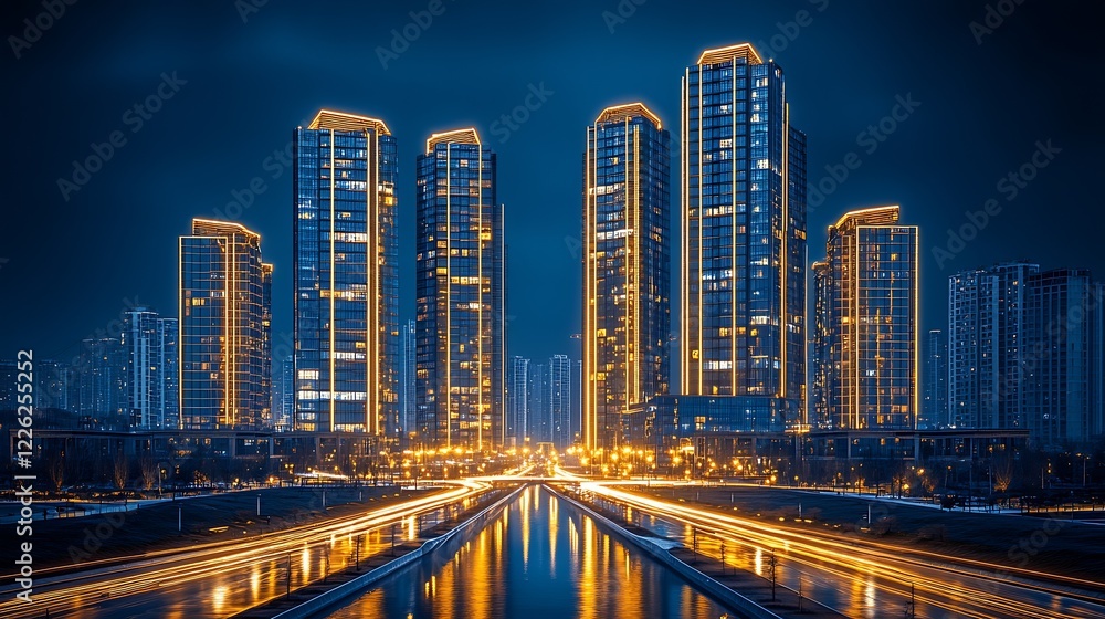 Obraz premium Futuristic Urban Skyline with Illuminated High-Rise Towers and Reflective River at Night : Generative AI
