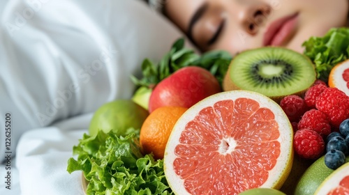 A serene scene featuring a woman sleeping beside a vibrant assortment of fresh fruits and greens.