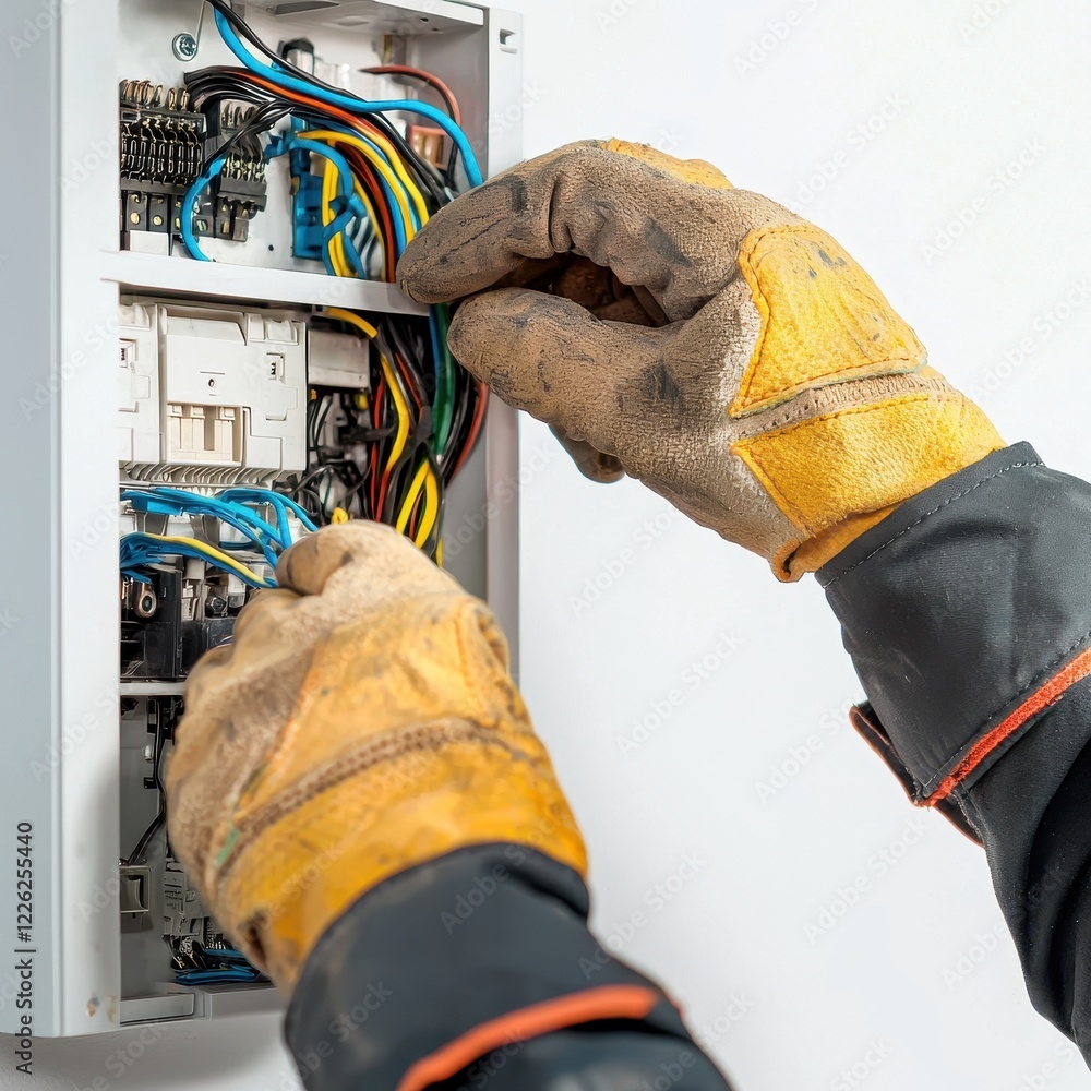 Fototapeta premium Electrician in Gloves Connecting Wires in Electrical Panel Box