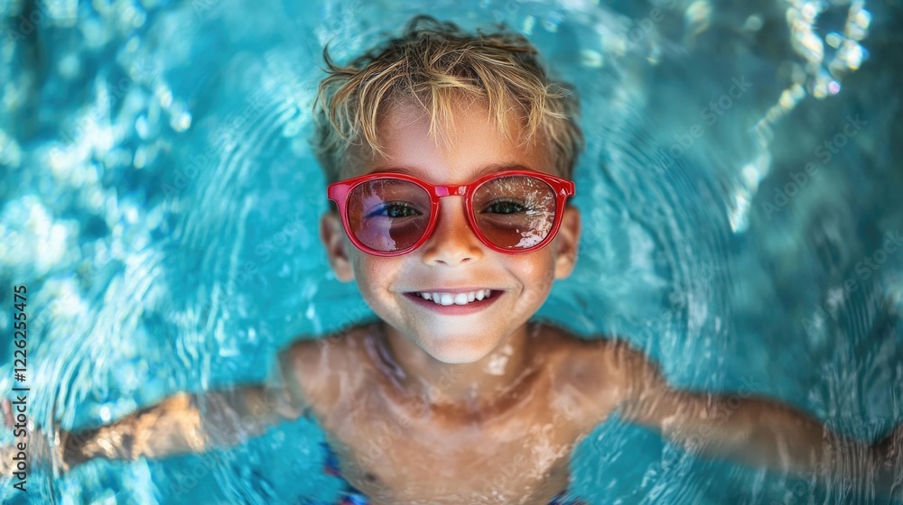 Naklejka premium Young caucasian boy enjoying swimming pool with red glasses
