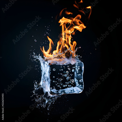 A Paradoxical Confrontation: A Burning Ice Cube Reflecting the Oxymoron 'Freezing Heat' photo