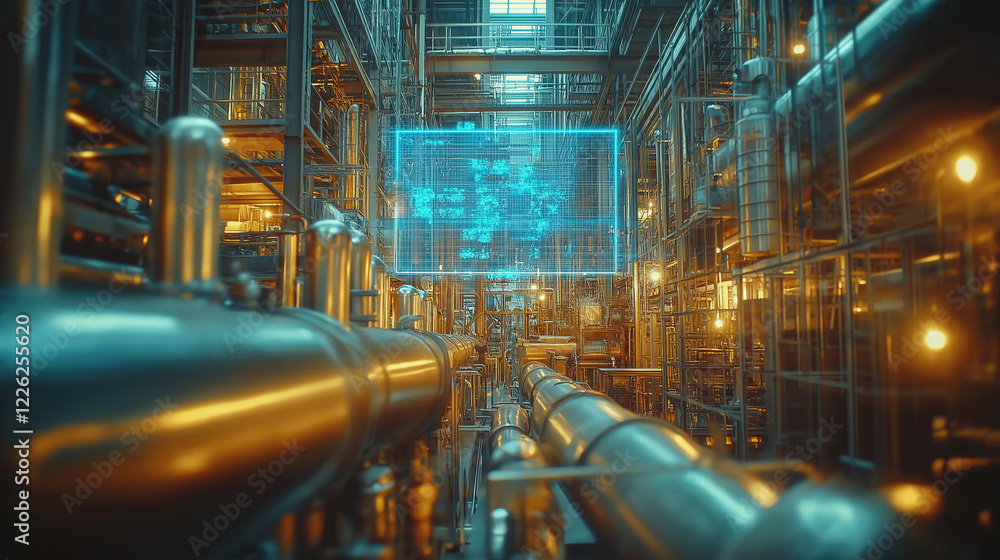 Fototapeta premium Advanced industrial factory with futuristic digital interface and complex pipe system