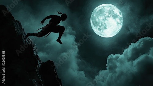 A ninja silhouette mid-leap, with the full moon glowing brightly in the dark sky, creating a cinematic action scene. photo