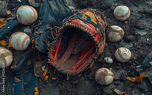 Muddy baseball gear rests on the ground; a poignant reminder of games past. The worn equipment speaks volumes. photo