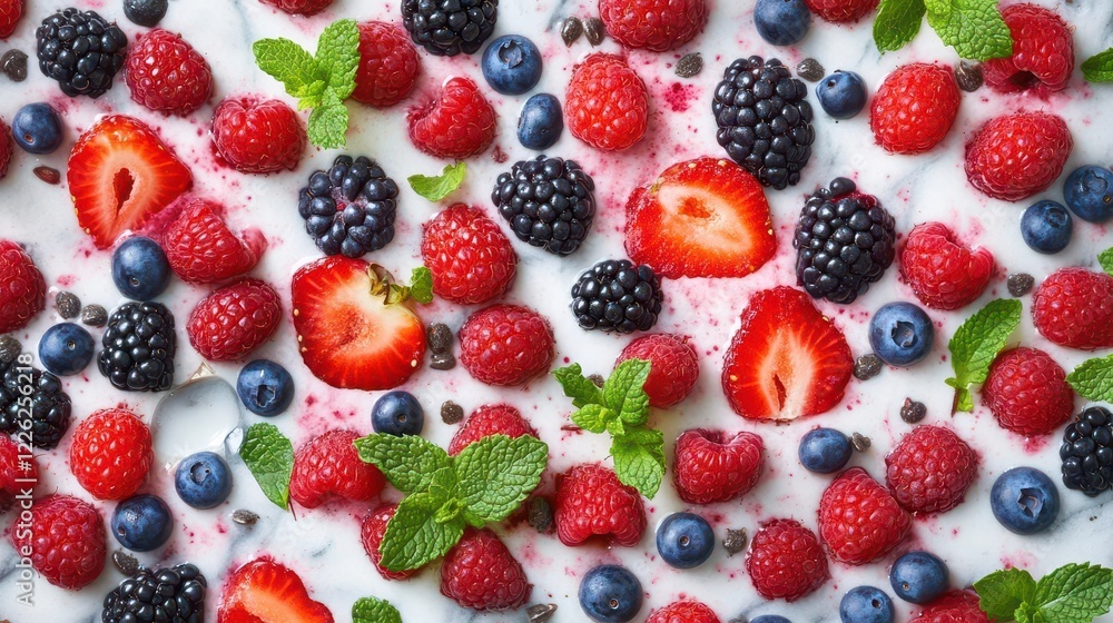vibrant smoothie bowl topped with fresh berries and mint arranged on marble counter with natural light and scattered ingredients vibrant smoothie bowl topped with fresh berries and mint arranged on marble counter with natural light and scattered ingredients
