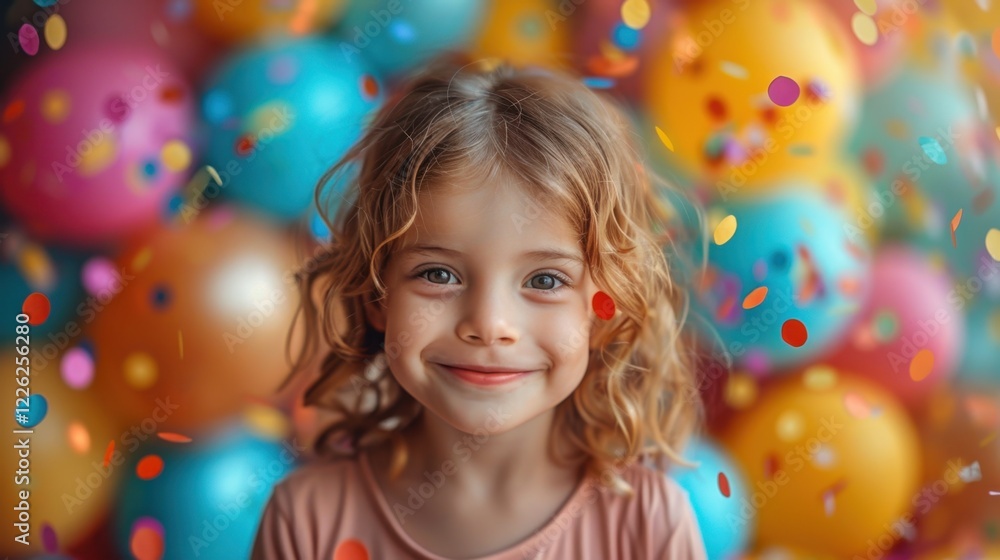 There is a young girl that is standing in front of a bunch of balloons, portrait There is a young girl that is standing in front of a bunch of balloons, portrait