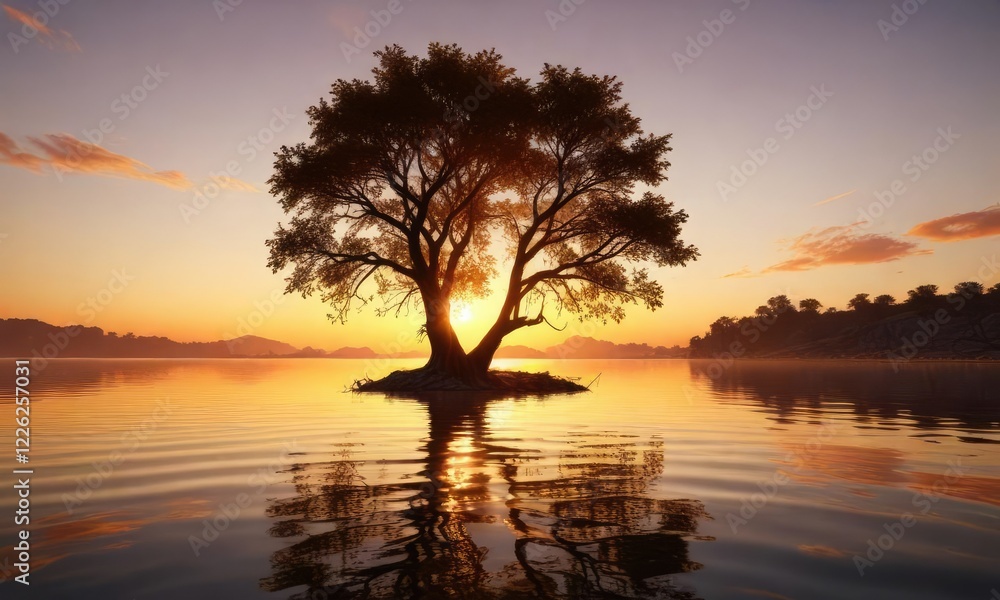 Golden hues of sunset cast a warm glow on a tree reflected in the water, glow, golden Golden hues of sunset cast a warm glow on a tree reflected in the water, glow, golden