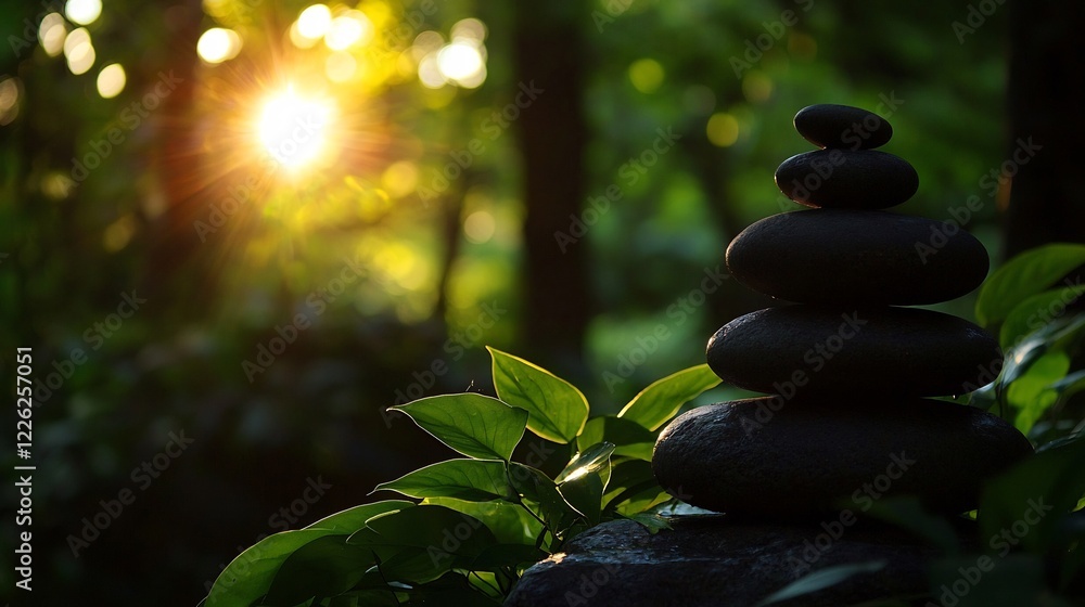 Serene Sunset: Stacked Stones in a Tranquil Forest Serene Sunset: Stacked Stones in a Tranquil Forest