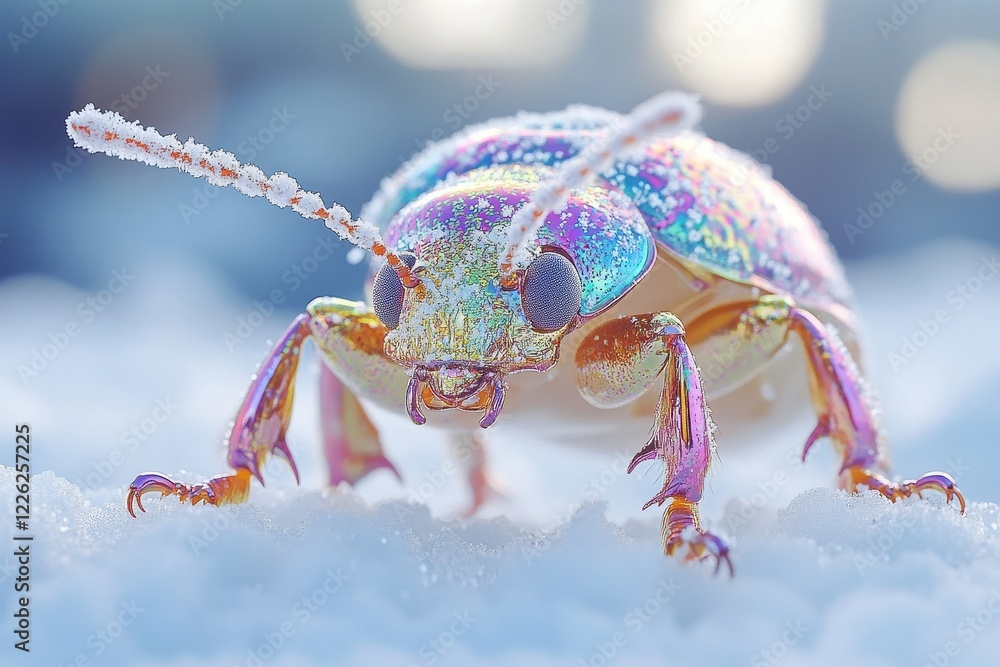 Fototapeta premium Vibrant iridescent beetle covered in frost, on snow. Perfect for winter, nature, or insect themes, evokes wonder.