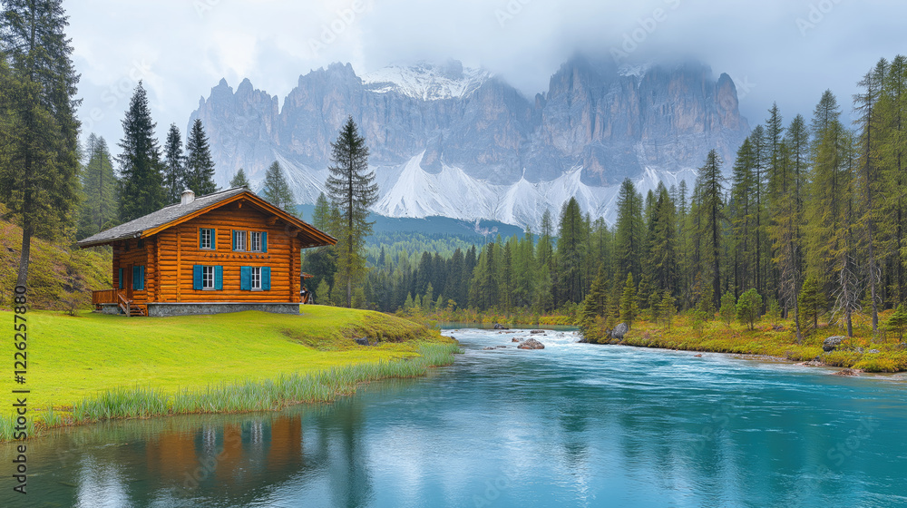 Fototapeta premium Tranquil log cabin by mountain lake with pine forest and alps in background