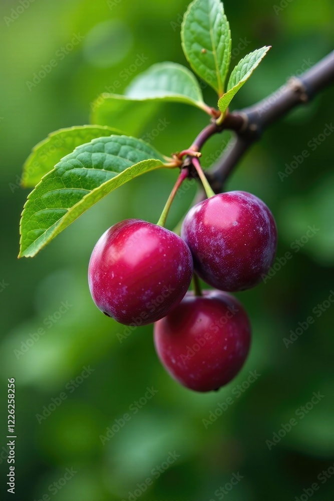 Green leaves and ripe plums on a wooden branch, plum, nature, harvest Green leaves and ripe plums on a wooden branch, plum, nature, harvest