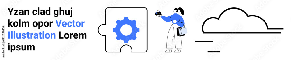 Puzzle piece with gear icon, person holding coffee, and cloud graphics. Ideal for teamwork, problem solving, innovation, strategy, creativity, business planning technology visuals flat landing page Puzzle piece with gear icon, person holding coffee, and cloud graphics. Ideal for teamwork, problem solving, innovation, strategy, creativity, business planning technology visuals flat landing page