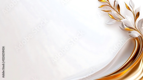 Elegant gold and white floral design on a flowing fabric background.