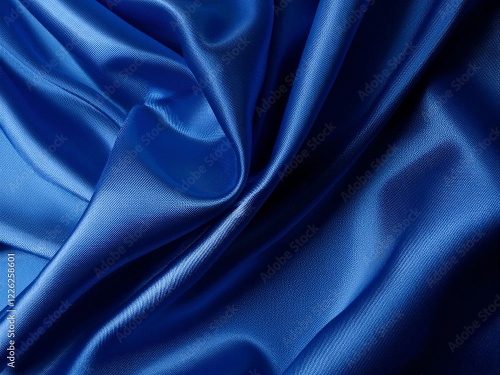 Fototapeta premium A luxurious deep blue silk satin fabric with elegant, soft wavy folds. The fabric has a liquid wave effect, reflecting light beautifully. A rich navy blue tone dominates the scene
