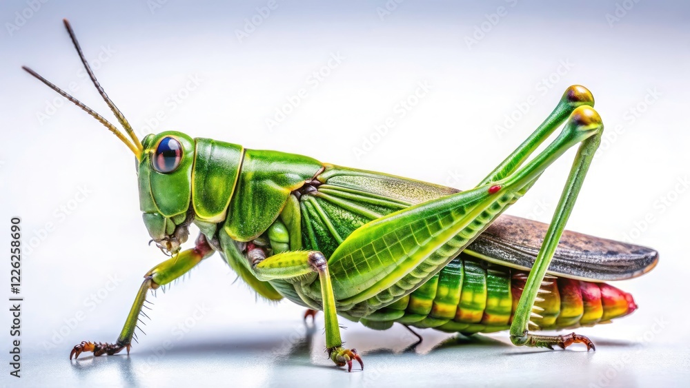 Side View of a Green Grasshopper on Isolated White Background - Nature, Insect, Macro Photography, Wildlife, Close-Up, Entomology, Green Color, Natural Side View of a Green Grasshopper on Isolated White Background - Nature, Insect, Macro Photography, Wildlife, Close-Up, Entomology, Green Color, Natural