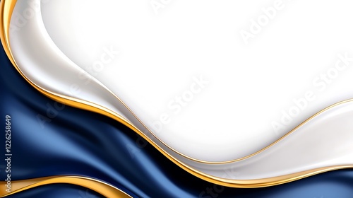 Elegant navy blue and white silk waves with gold accents on white background.