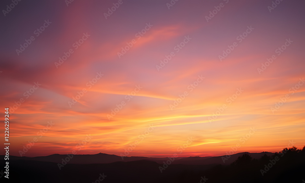 Orange sunset sky with distant mountain silhouettes. Perfect for nature-themed designs, travel brochures, outdoor adventure promotions, or inspirational content Orange sunset sky with distant mountain silhouettes. Perfect for nature-themed designs, travel brochures, outdoor adventure promotions, or inspirational content