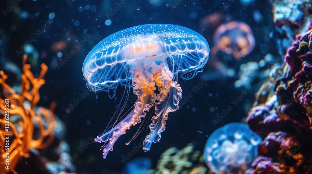 A glowing jellyfish swims gracefully in a colorful underwater scene. A glowing jellyfish swims gracefully in a colorful underwater scene.