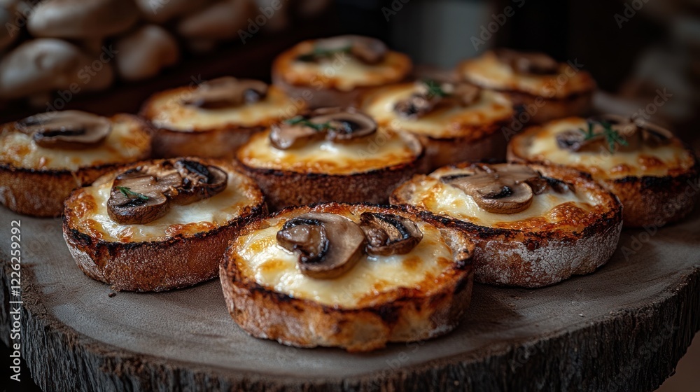 Gourmet mushroom bruschetta platter, rustic setting Gourmet mushroom bruschetta platter, rustic setting