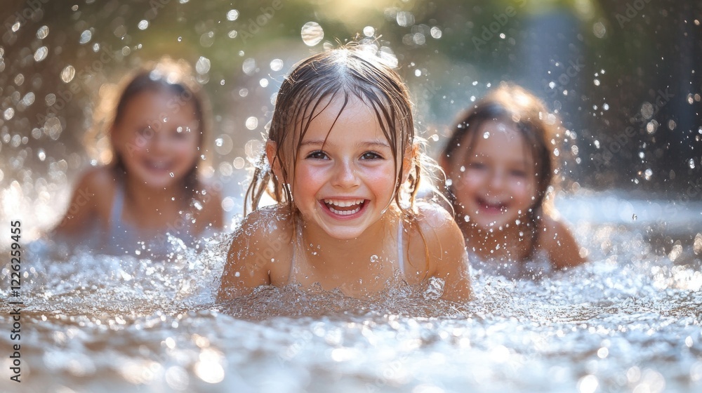 Joyful caucasian girls splashing in sunlit water outdoors Joyful caucasian girls splashing in sunlit water outdoors