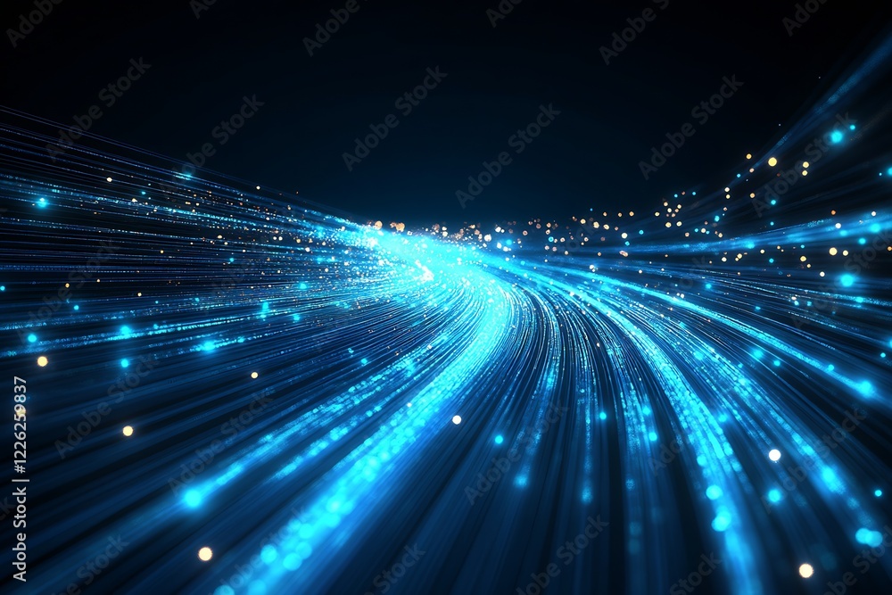 Obraz premium Vibrant Blue and Gold Light Waves Portraying High-Speed Data Transmission and Networking : Generative AI
