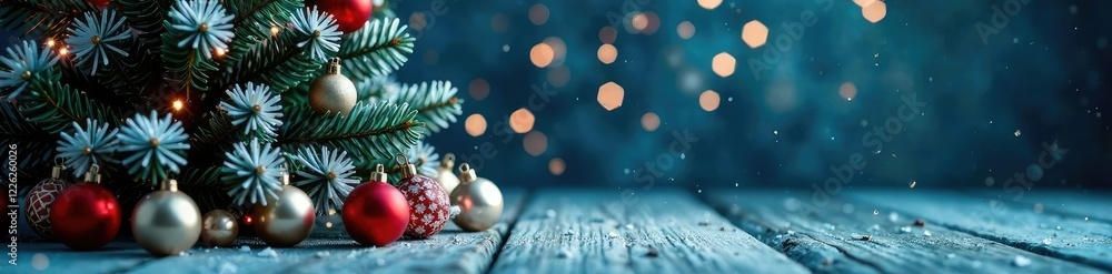 Blue toned Christmas scene featuring a fir tree and wooden background with ornaments scattered around, winter, holiday, festive Blue toned Christmas scene featuring a fir tree and wooden background with ornaments scattered around, winter, holiday, festive
