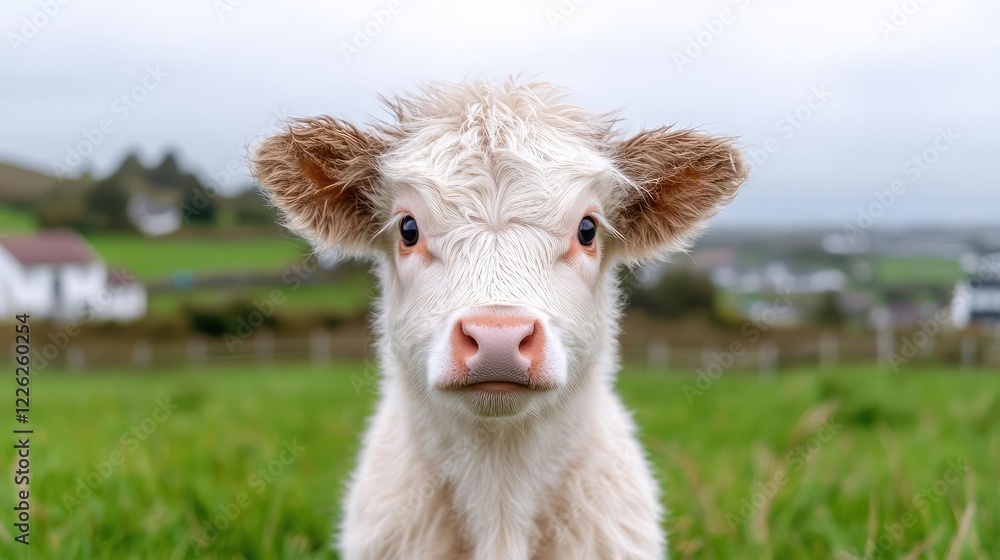 Cute calf in green pasture, rural Ireland. Farm animal portrait for agriculture Cute calf in green pasture, rural Ireland. Farm animal portrait for agriculture