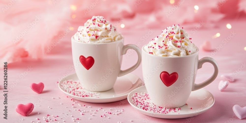 Romantic Valentine's Day mugs with heart designs and whipped cream create a cozy atmosphere for celebrating love Romantic Valentine's Day mugs with heart designs and whipped cream create a cozy atmosphere for celebrating love