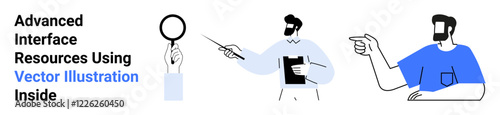 Characters with a magnifying glass, clipboard, and pointing gesture emphasize investigation, evaluation, and teamwork. Ideal for analytics, education, collaboration, information sharing guidance