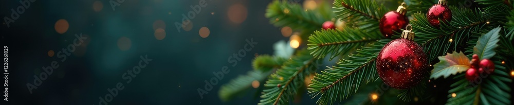 Fir tree branch covered in sparkling ornaments, festive, holly, berries Fir tree branch covered in sparkling ornaments, festive, holly, berries