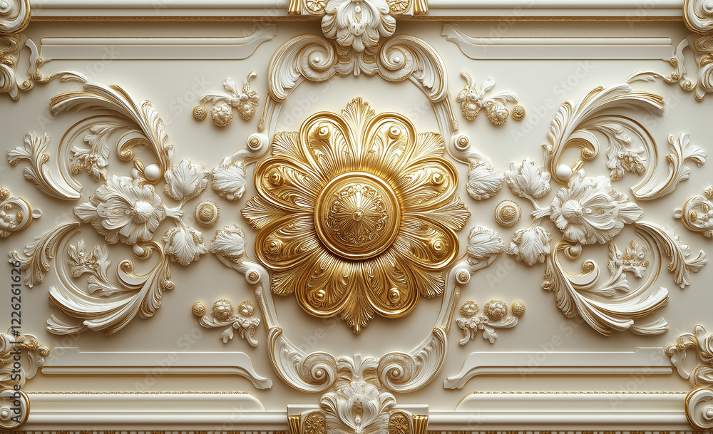 Intricate floral design featuring a central circular motif surrounded by layered petals and ornamental details in gold and white. Generative AI Intricate floral design featuring a central circular motif surrounded by layered petals and ornamental details in gold and white. Generative AI