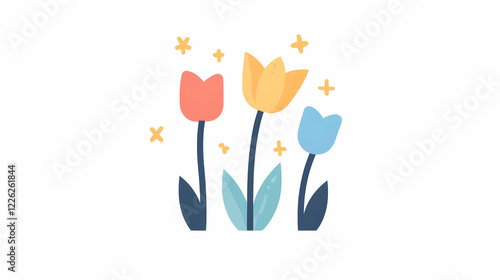 Colorful tulips spring illustration, white background