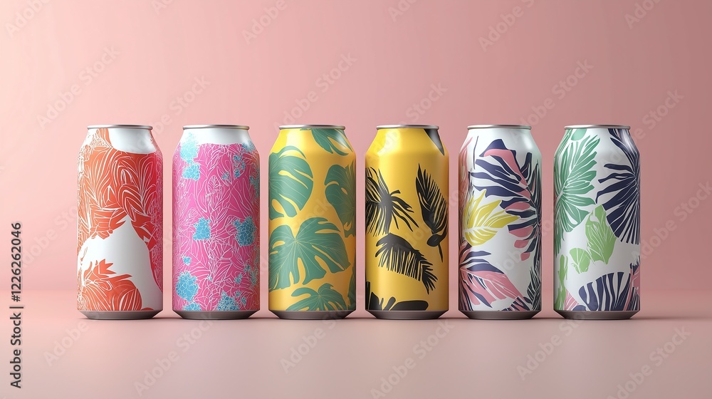 Brightly colored beverage cans with tropical designs arranged against a soft pink background Brightly colored beverage cans with tropical designs arranged against a soft pink background